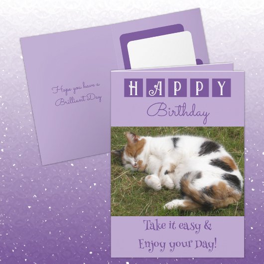 ハッピーバースデーテイクイット簡単猫フォトパープル カード
