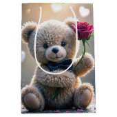 ハッピーバースデーテディベアとレッドローズ ミディアムペーパーバッグ (正面)