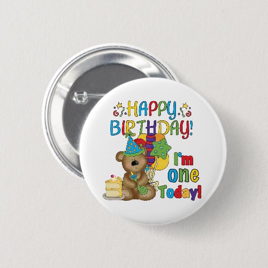 ハッピーバースデーテディベア1st Tシャツとギフト 缶バッジ (正面&裏面)