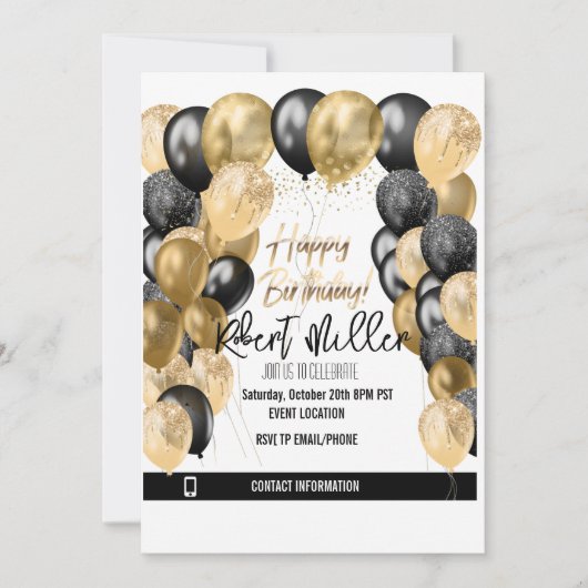 ハッピーバースデーテンプレートブラック金ゴールド – 透明 招待状 (正面)