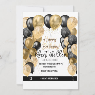 ハッピーバースデーテンプレートブラック金ゴールド – 透明 招待状