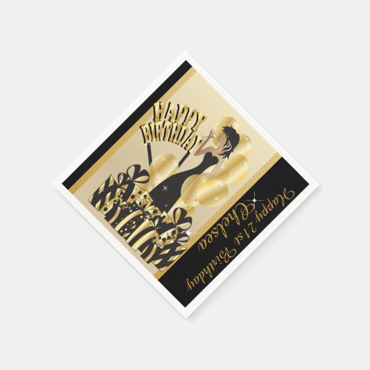 ハッピーバースデーディバガール | DIY名 |金ゴールド スタンダードカクテルナプキン (角)