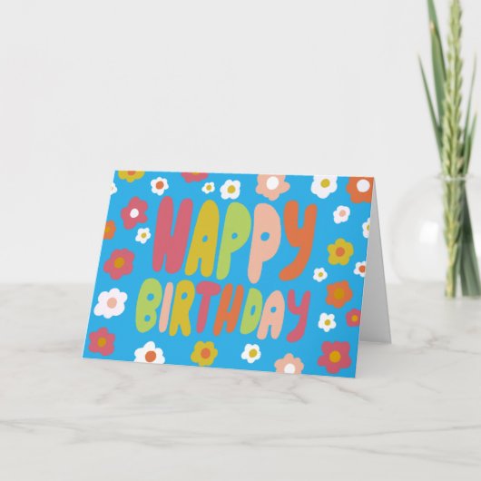 ハッピーバースデーデイジーバブルレターカスタムの日付 カード (正面)