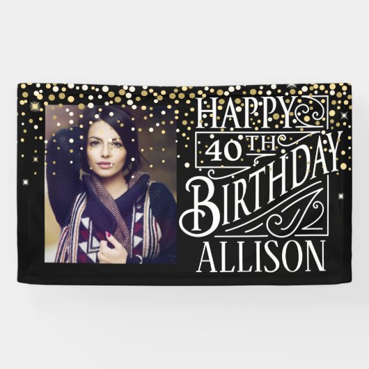 ハッピーバースデーデザインとゴールデン紙吹雪 横断幕 (横)