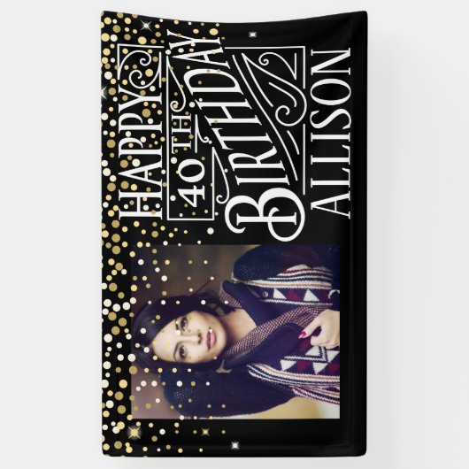 ハッピーバースデーデザインとゴールデン紙吹雪 横断幕 (縦)