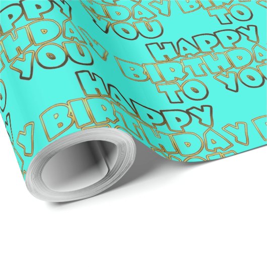 ハッピーバースデートゥユータイポグラフィ金ゴールドターコイズ ラッピングペーパー (ロールコーナー)