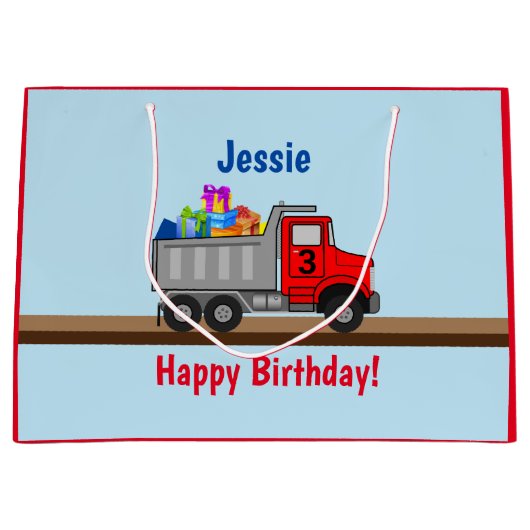 ハッピーバースデートラック荷物少年の名前の年齢 ラージペーパーバッグ (正面)