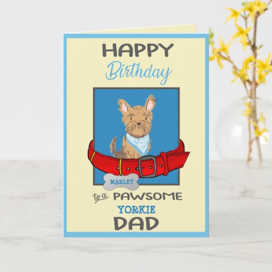 ハッピーバースデードッグダディパーソナライズされたキュートヨークシャーテリア カード (黄色い花)