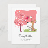 ハッピーバースデードッグパピーバードフラワーピンクカード (正面/裏面)