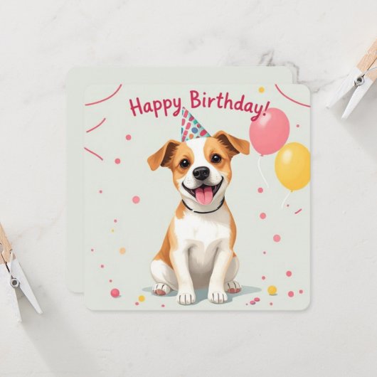 ハッピーバースデードッグ(パーティー帽子とバルーン) カード (正面/裏面インサイチュ)