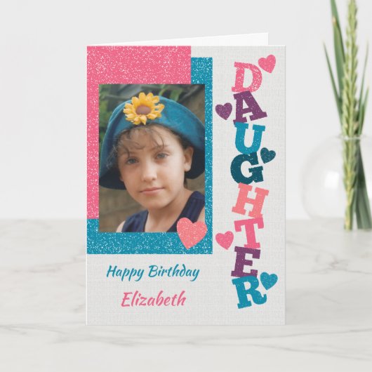 ハッピーバースデードーターピンクと青の写真 カード (正面)