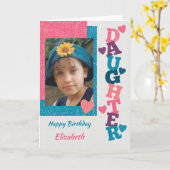 ハッピーバースデードーターピンクと青の写真 カード (黄色い花)