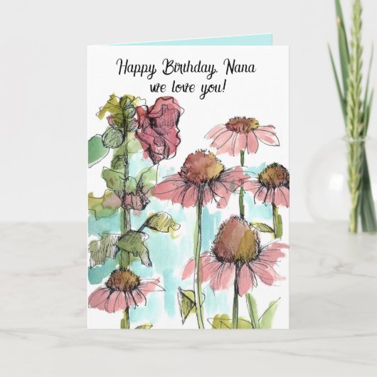 ハッピーバースデーナナピンクワイルドフラワーウォータカラー カード (正面)