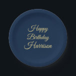 ハッピーバースデーネイビーブルー金ゴールドスクリプト名前をカスタムする ペーパープレート<br><div class="desc">ハッピーバースデーネイビーブルー金ゴールドスクリプト名前をカスタムするエレガントパーティー紙プレート</div>