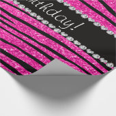 ハッピーバースデーネオンホットピンクグリッター縞模様 ラッピングペーパー (角)