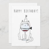 ハッピーバースデーネコとワイングラス。おもしろい可愛い シーズンカード (正面/裏面)