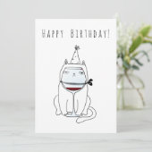 ハッピーバースデーネコとワイングラス。おもしろい可愛い シーズンカード (スタンド正面)