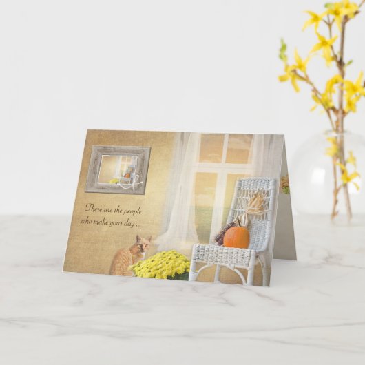 ハッピーバースデーネコと秋のカボチャと窓 カード (黄色い花)