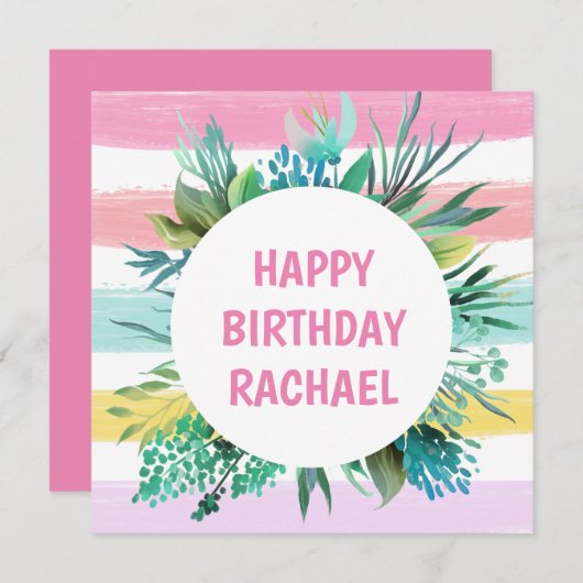 ハッピーバースデーネームパステルストライプズ誕生日 シーズンカード (正面/裏面)