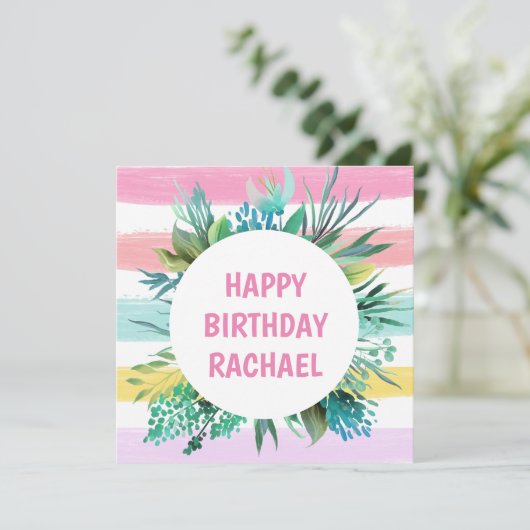 ハッピーバースデーネームパステルストライプズ誕生日 シーズンカード (スタンド正面)