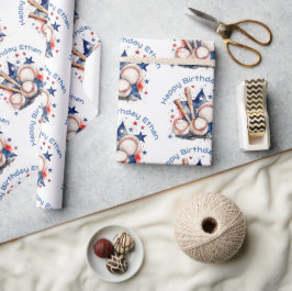 ハッピーバースデーネームブルーレッドこうもり野球 ラッピングペーパー