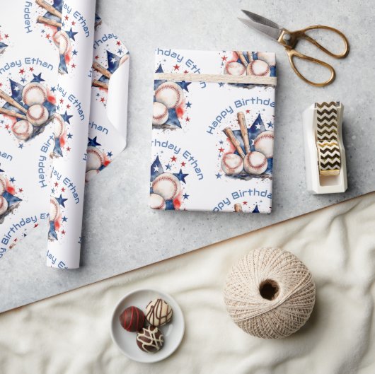 ハッピーバースデーネームブルーレッドこうもり野球 ラッピングペーパー (クラフト)