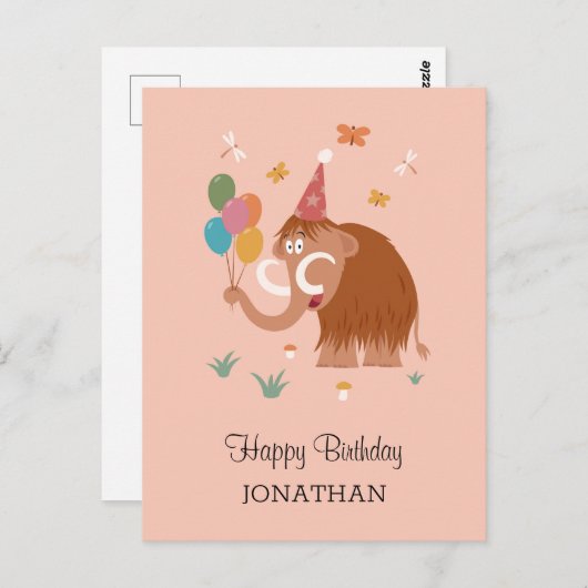 ハッピーバースデーハットマンガかわいいマンモス風船 ポストカード (正面/裏面)