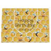 ハッピーバースデーハニカムと名前の付いたミツバチ ラージペーパーバッグ (正面)