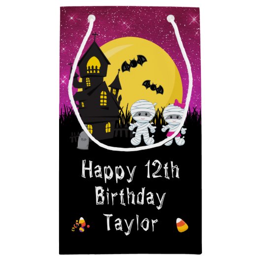 ハッピーバースデーハロウィーンミームピンク スモールペーパーバッグ (裏面)