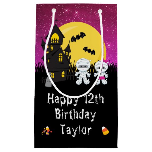 ハッピーバースデーハロウィーンミームピンク スモールペーパーバッグ (正面)