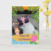 ハッピーバースデーハワイアンと熱帯猫 カード (黄色い花)