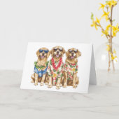 ハッピーバースデーハワイアンゴールデンレトリバードッグ カード (黄色い花)