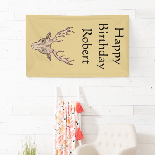 ハッピーバースデーバックディアヘッド〔雄ジカの〕枝角タン 横断幕 (インサイチュ)