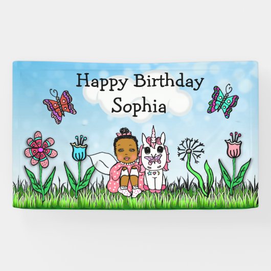 ハッピーバースデーバナーユニコーンと妖精 横断幕 (横)