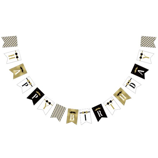 ハッピーバースデーバナー(黒と金ゴールド) バンティングフラッグ (全)