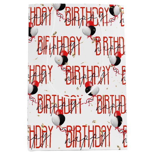 ハッピーバースデーバルーンおよび金ゴールド紙吹雪 ミディアムペーパーバッグ (正面)