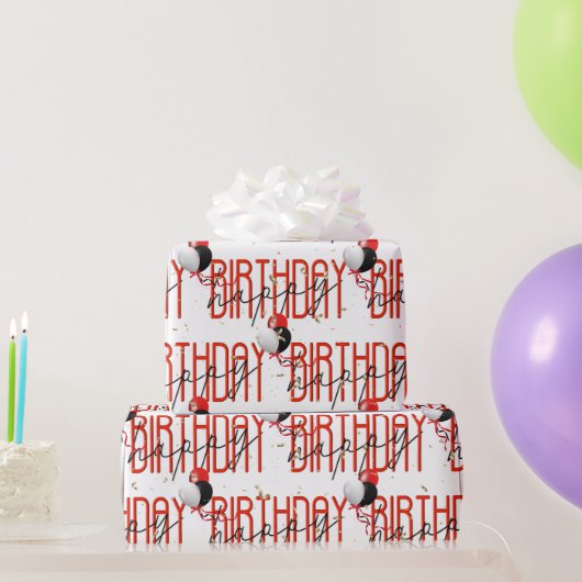 ハッピーバースデーバルーンとゴールドのコンフェッティ ラッピングペーパー (パーティーギフト)