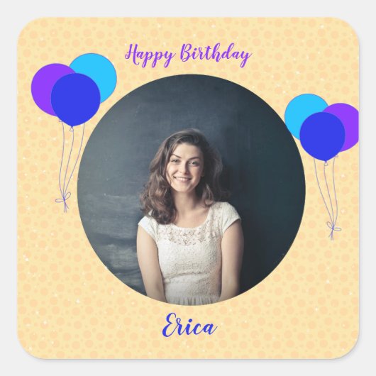 ハッピーバースデーバルーンカスタムの写真と文字 スクエアシール (正面)