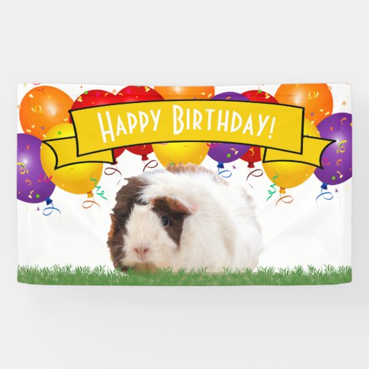 ハッピーバースデーバルーン白ギニアピグイエロー 横断幕 (横)