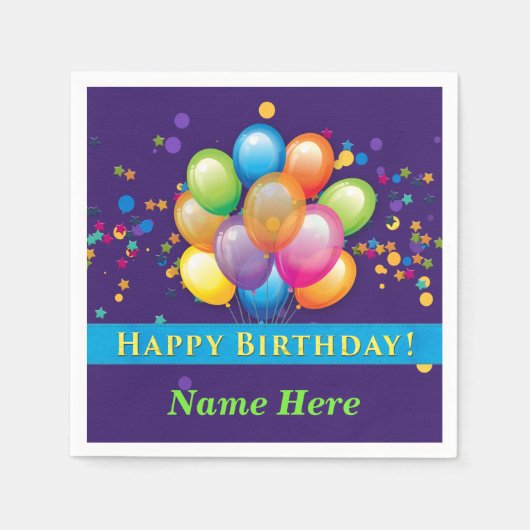 ハッピーバースデーバルーン – 紫カスタマイズ スタンダードカクテルナプキン (正面)