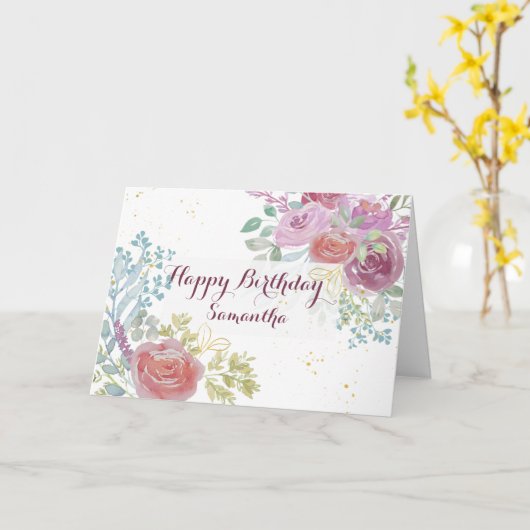 ハッピーバースデーバーガンディフローラ水彩 カード (黄色い花)