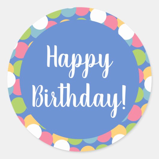 ハッピーバースデーパステルブルーカラフル水玉模様 ラウンドシール (正面)