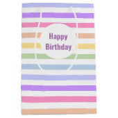 ハッピーバースデーパステルレインボーホワイトストライプズ ミディアムペーパーバッグ (正面)
