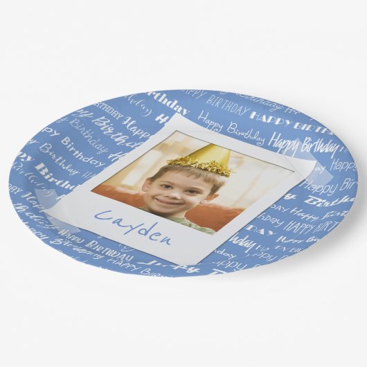 ハッピーバースデーパターン青いパーティーは写真のおもしろいをからかいます ペーパープレート (アングル)
