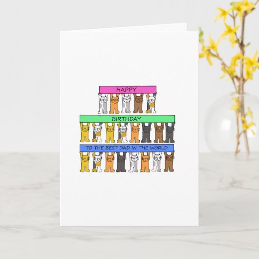 ハッピーバースデーパパの旗を持った猫たち カード (黄色い花)