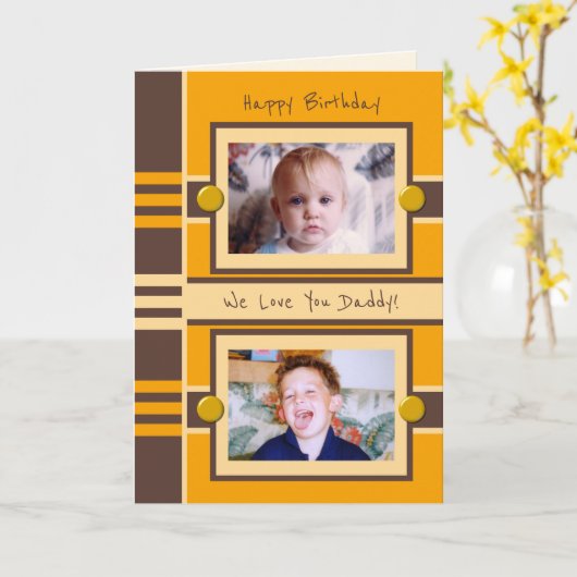 ハッピーバースデーパパの茶色のオレンジ色の写真の挨拶 カード (黄色い花)
