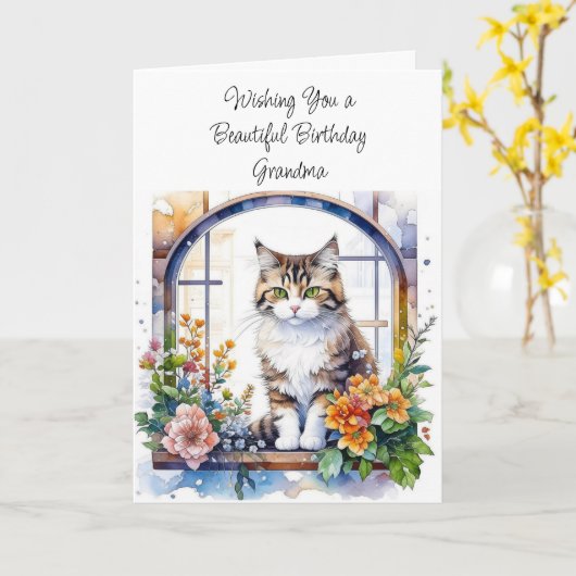 ハッピーバースデーパーソナライズされたおばあちゃんかわいい猫 カード (黄色い花)