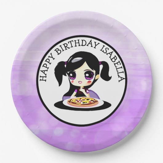 ハッピーバースデーパーソナライズされたアニメガールピザパーティー ペーパープレート (正面)