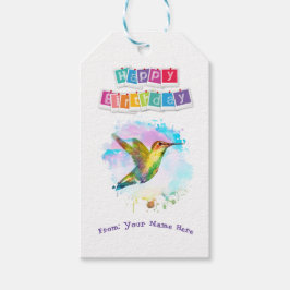 ハッピーバースデーパーソナライズされたウオーターカラーハミングバード ギフトタグ