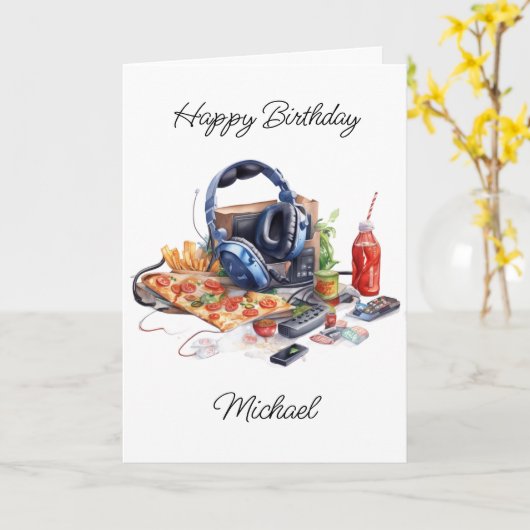 ハッピーバースデーパーソナライズされたゲームとピザ カード (黄色い花)
